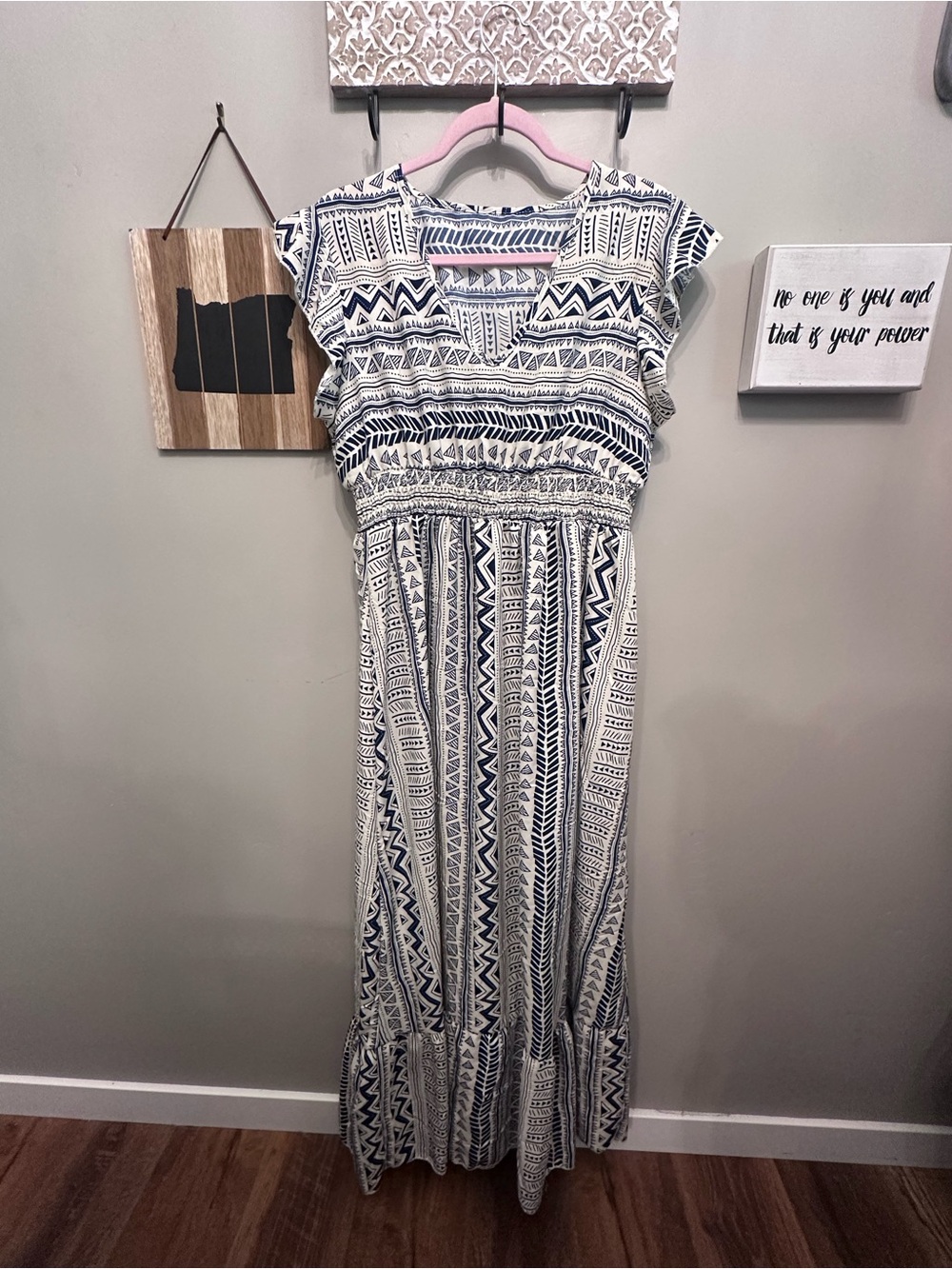 Printed Navy and White Maxi Dress with Smocked Waist